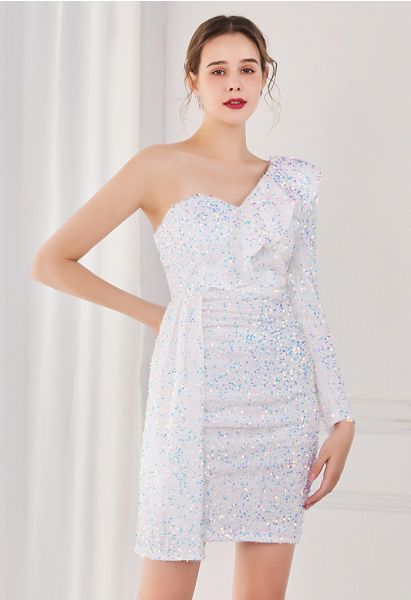 Ruffle One-Shoulder Colorful Sequin Cocktail Dress in White