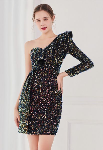 Ruffle One-Shoulder Colorful Sequin Cocktail Dress in Black