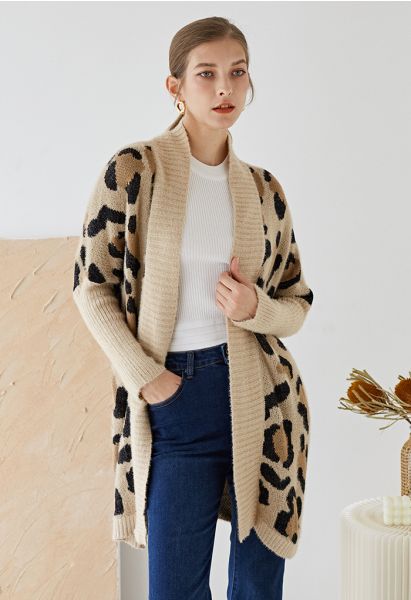 Fuzzy Leopard Batwing Sleeves Open Front Cardigan in Camel