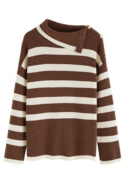 Buttoned Neck Striped Oversize Sweater in Brown