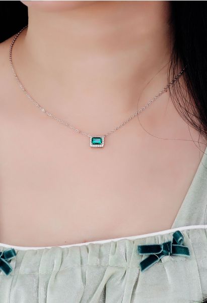 Emerald Cut Halo Gem Necklace