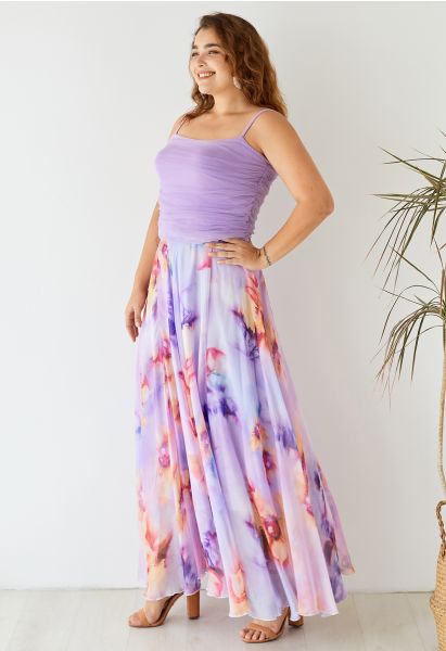 Blooming Flowers Watercolor Maxi Skirt in Lilac