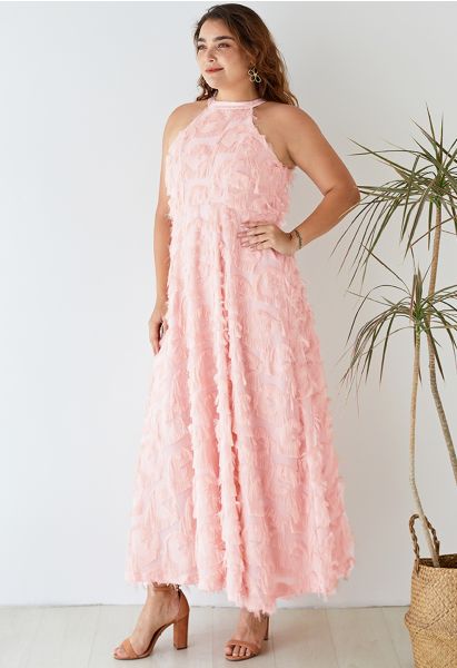 Dancing Feathers Tassel Halter Neck Maxi Dress in Pink 