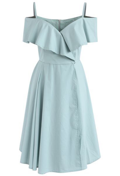 Appealing Sweet Frilling Cold-Shoulder Flap Dress in Mint