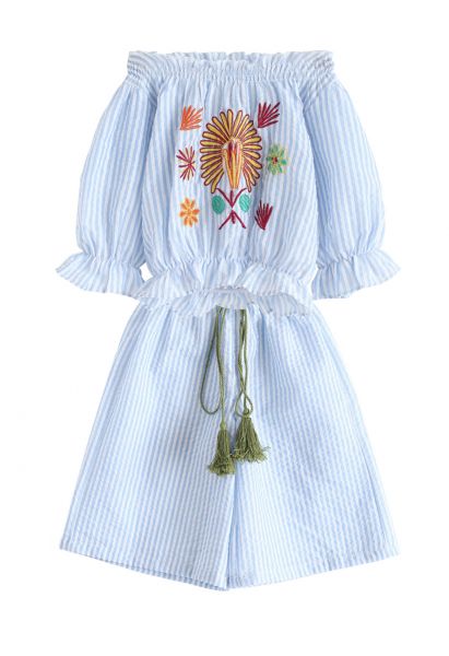 Spring Sun Embroidered Off-Shoulder Top and Pants Set For Kids