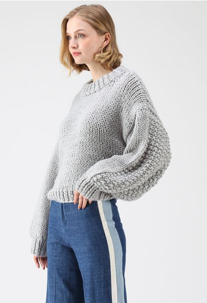 Chunky Chunky Puff Sleeves Cropped Sweater in Grey