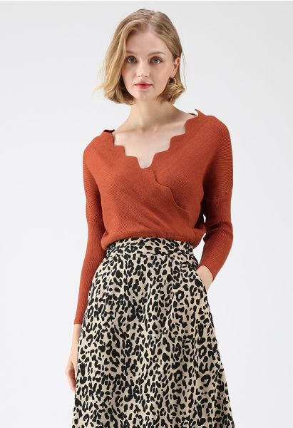 Cafe Time Wavy Wrap Knit Top in Caramel