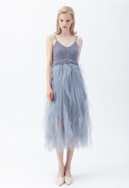 Knit Ruffled Mesh Cami Dress in Blue