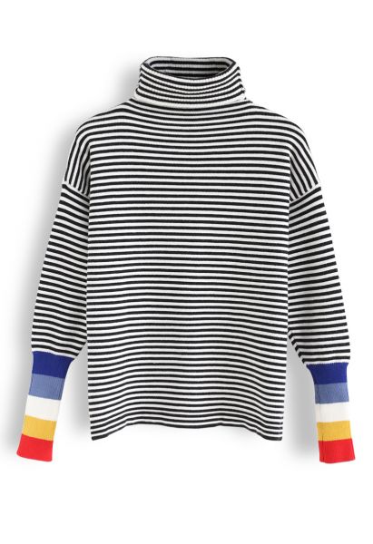 Color Blocked Cuffs Turtleneck Knit Sweater in Stripe