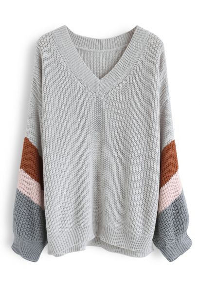 V-Neck Color Blocked Sleeves Knit Sweater in Grey