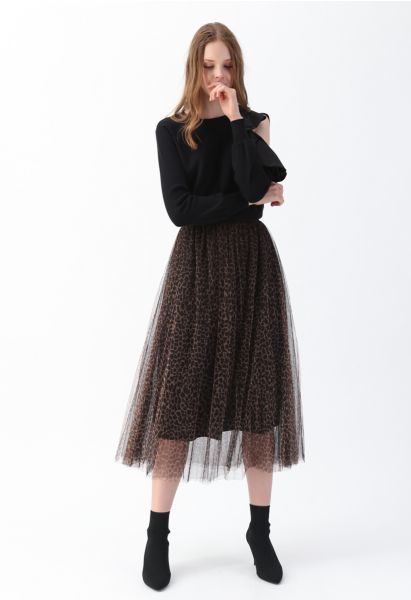 Leopard Printed Double-Layered Mesh Tulle Pleated Skirt 