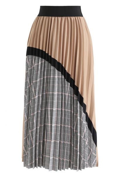 Plaid Splicing Pleated Midi Skirt in Tan