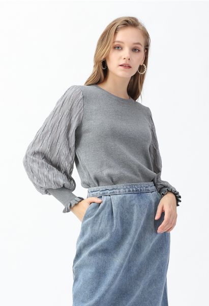 Shiny Lines Puff Sleeves Knit Top in Grey