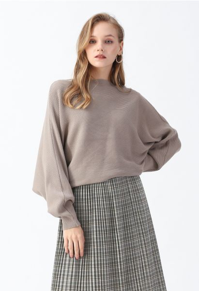 Boat Neck Batwing Sleeves Knit Top in Taupe