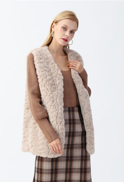 Faux Fur Mid-Length Vest in Sand