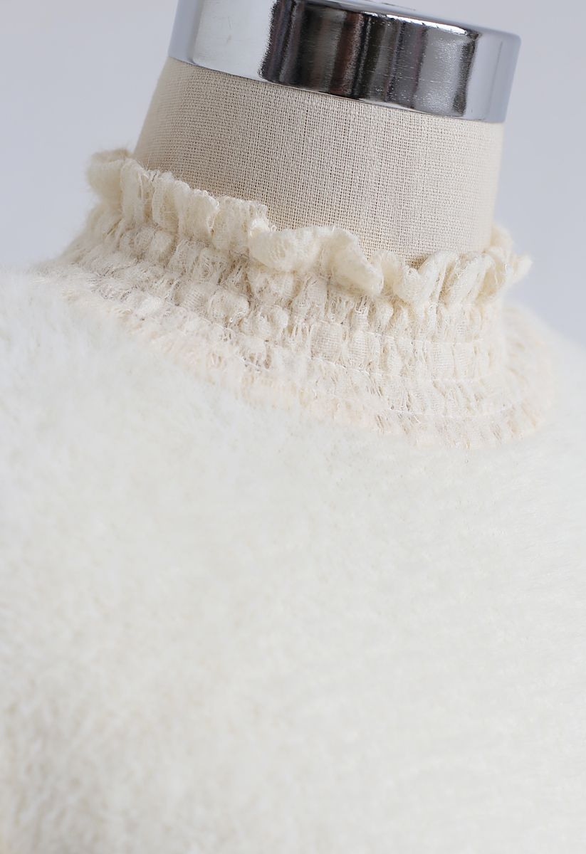 Lace Hem Fluffy Knit Shift Dress in Cream