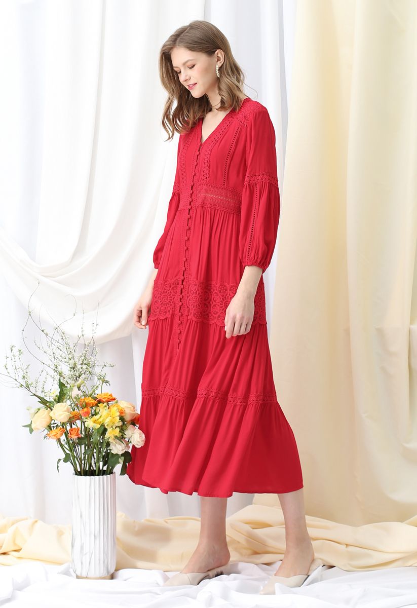 Button Down Crochet Embroidered Boho Maxi Dress in Red