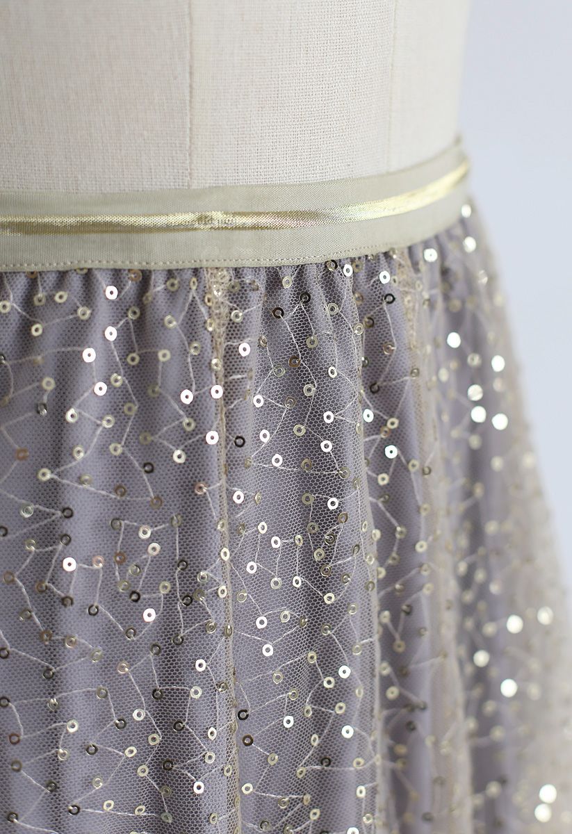 Shimmer Sequins Embroidered Mesh Tulle Pleated Skirt 