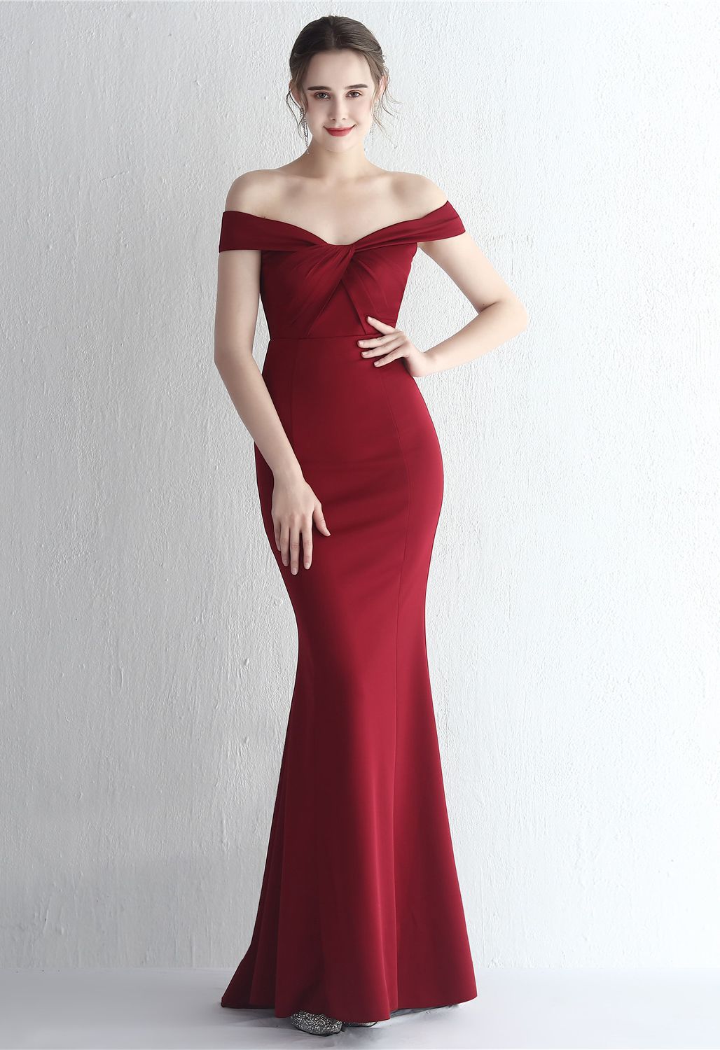 Twist Front Off-Shoulder Gown in Burgundy