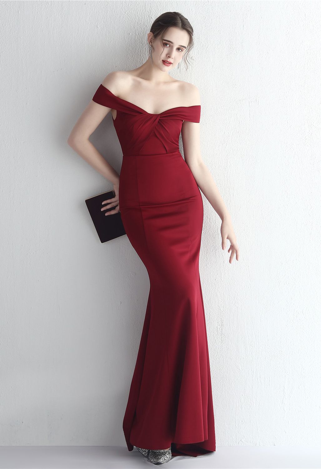 Twist Front Off-Shoulder Gown in Burgundy