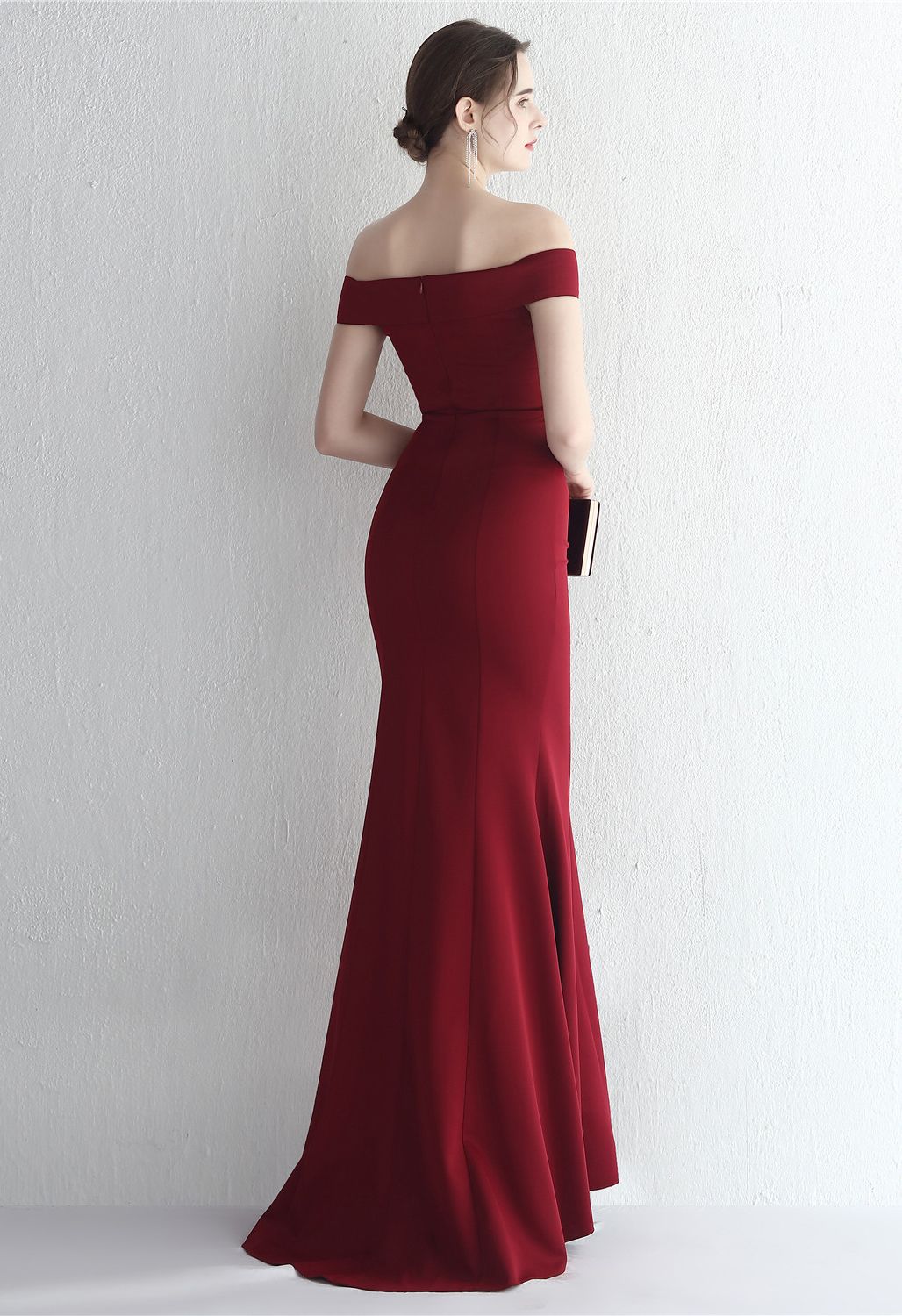 Twist Front Off-Shoulder Gown in Burgundy