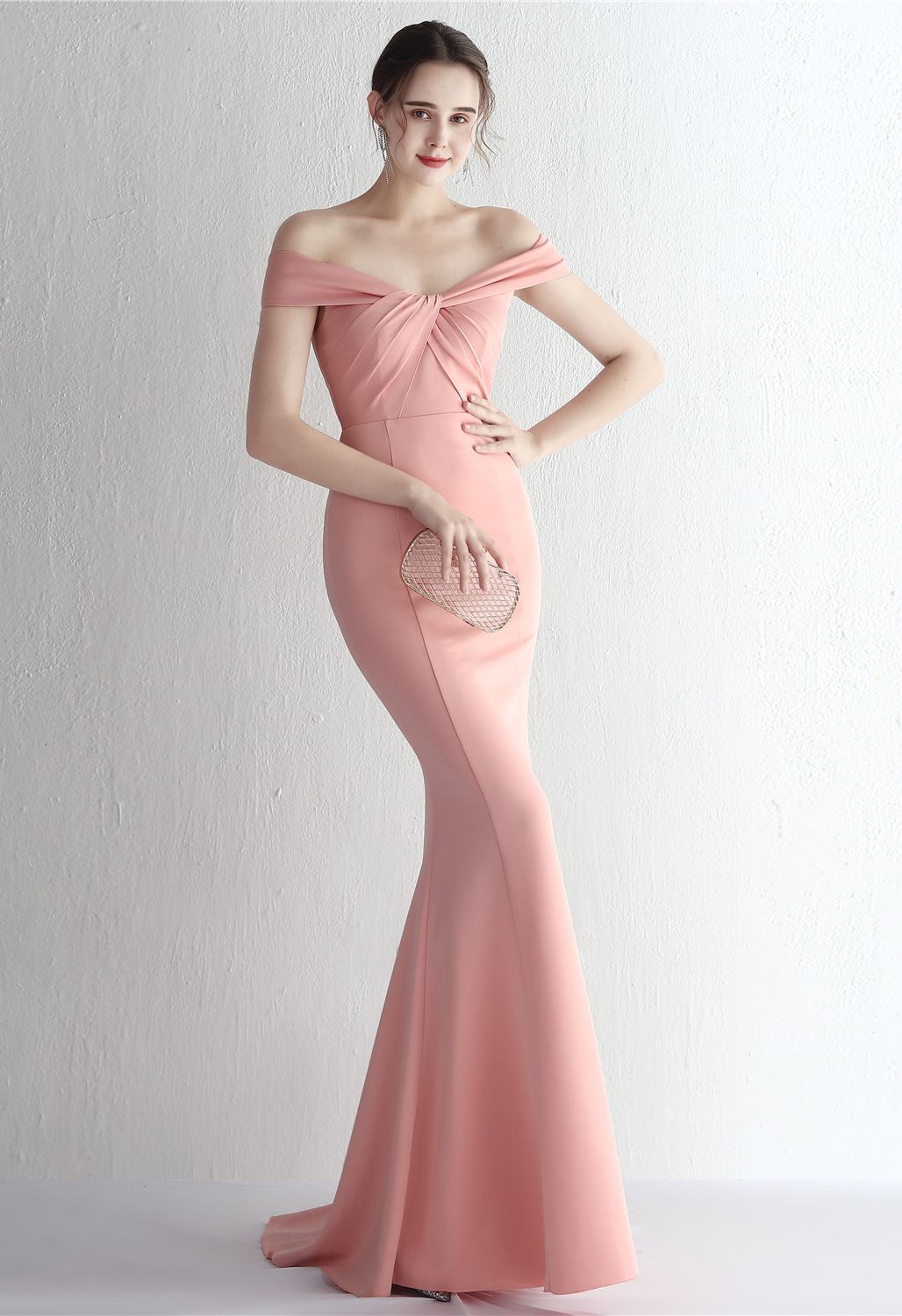 Twist Front Off-Shoulder Gown in Pink