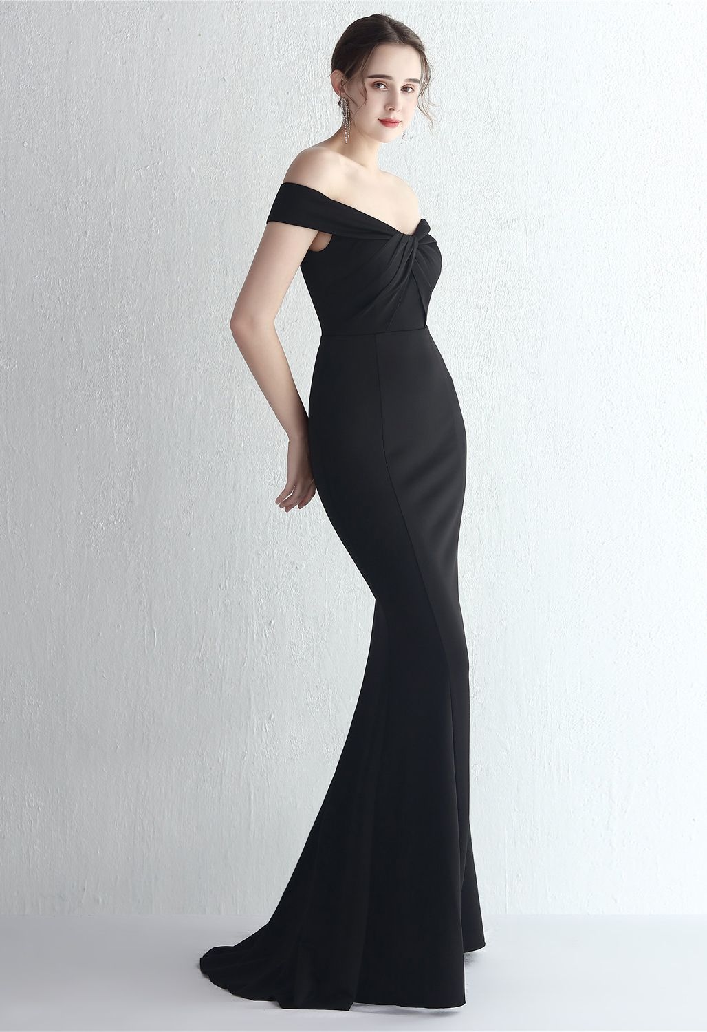 Twist Front Off-Shoulder Gown in Black