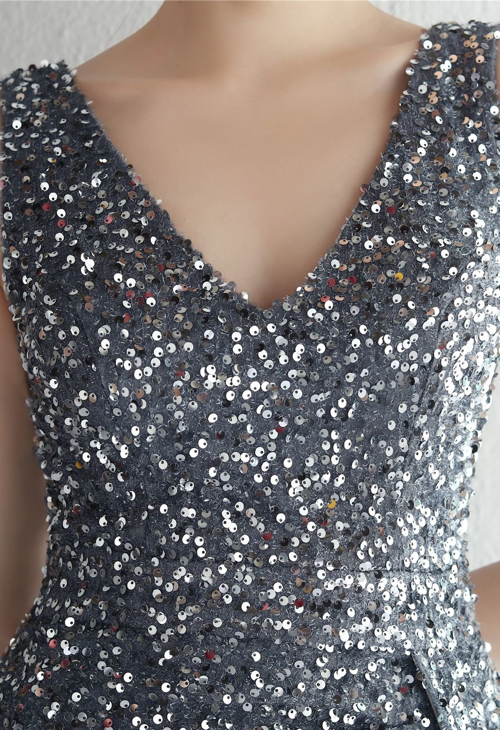 Glittering Sequin V-Neck Slit Gown in Silver