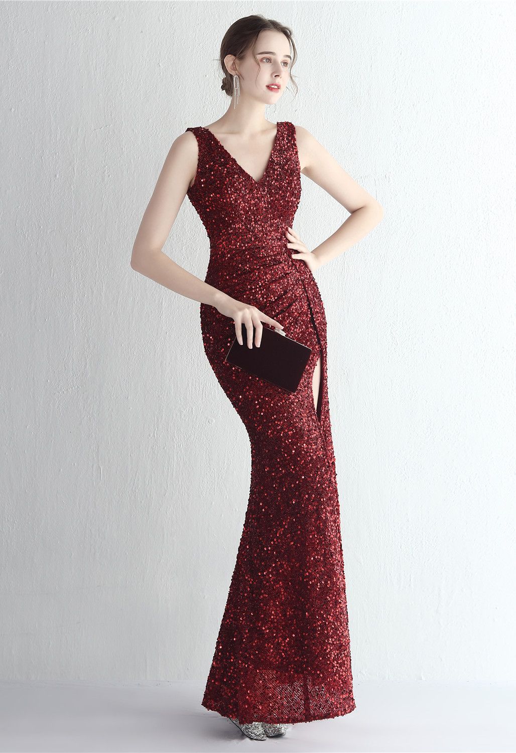 Glittering Sequin V-Neck Slit Gown in Burgundy