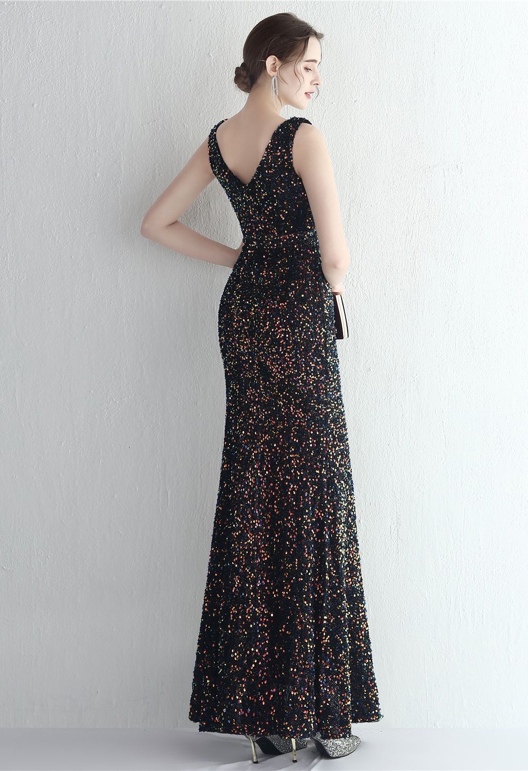 Glittering Sequin V-Neck Slit Gown in Black