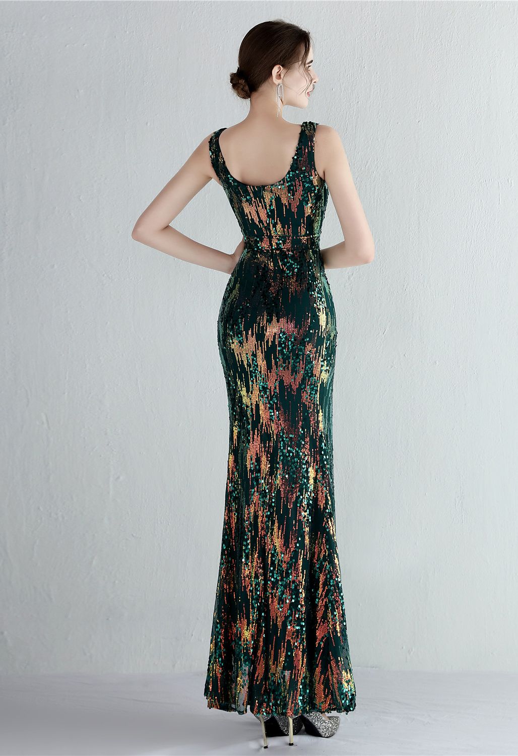 Multi-Color Sequins V-Neck High Slit Gown in Emerald