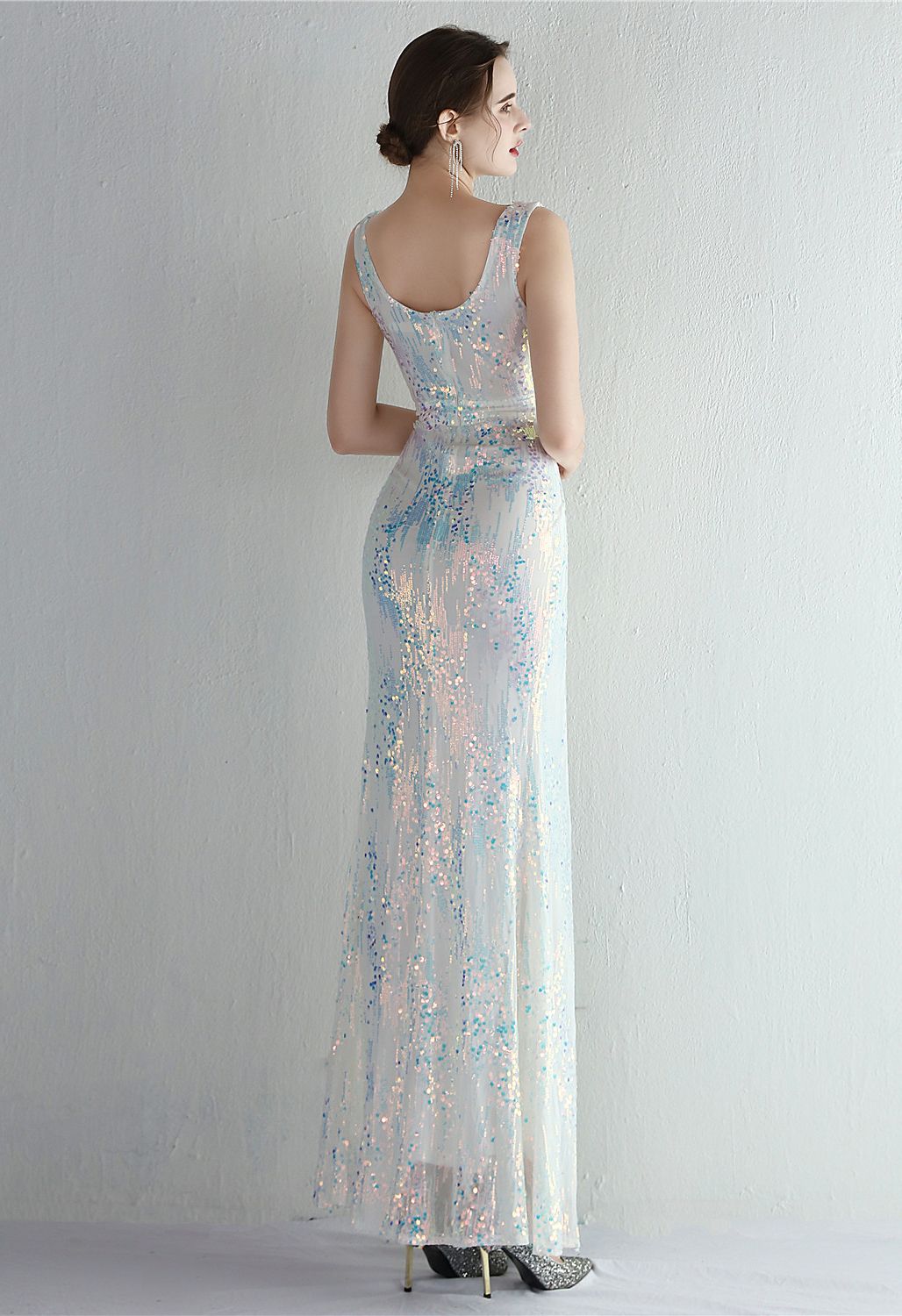 Multi-Color Sequins V-Neck High Slit Gown in White