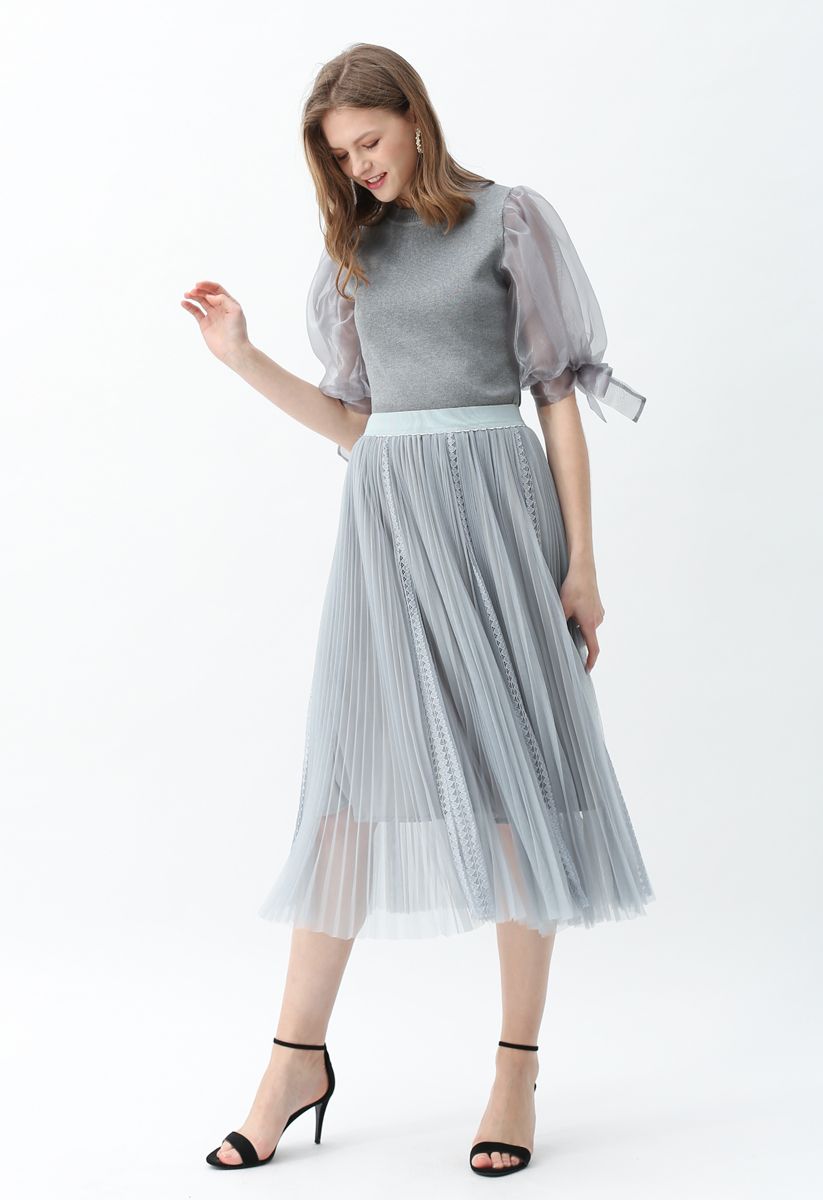 Organza Bubble Sleeves Knit Top in Grey