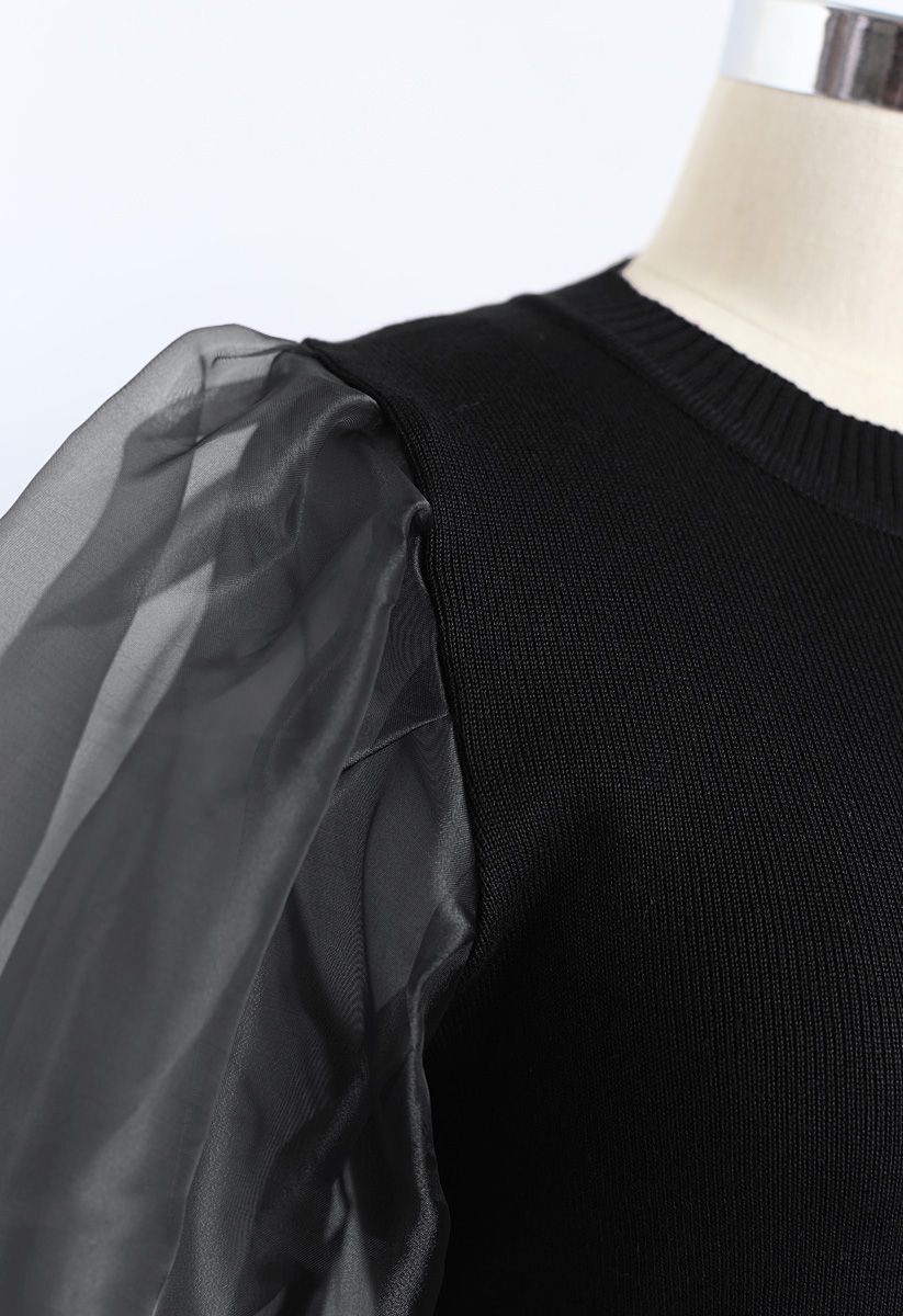 Organza Bubble Sleeves Knit Top in Black