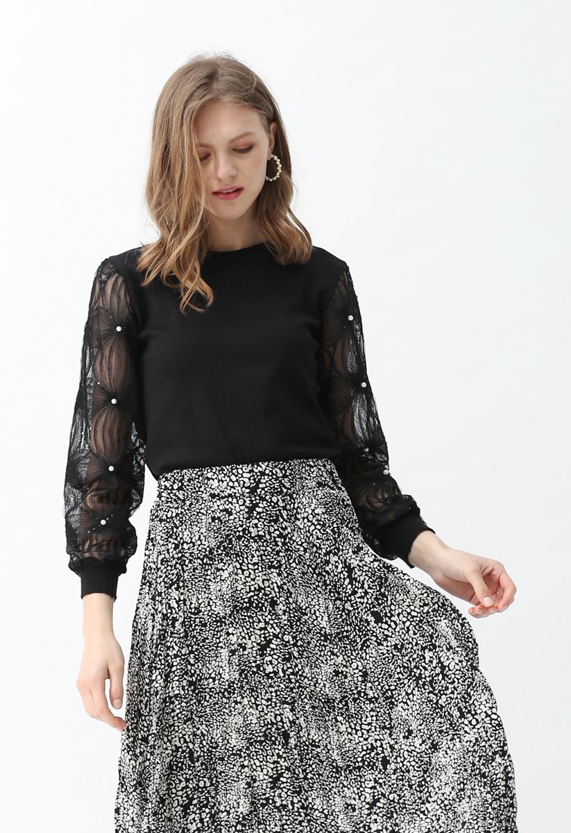 Pearls and Sequins Trim Mesh Sleeves Knit Top in Black