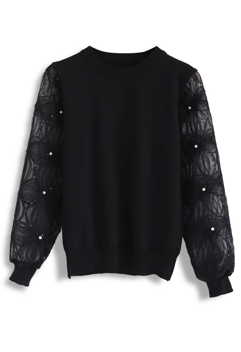 Pearls and Sequins Trim Mesh Sleeves Knit Top in Black