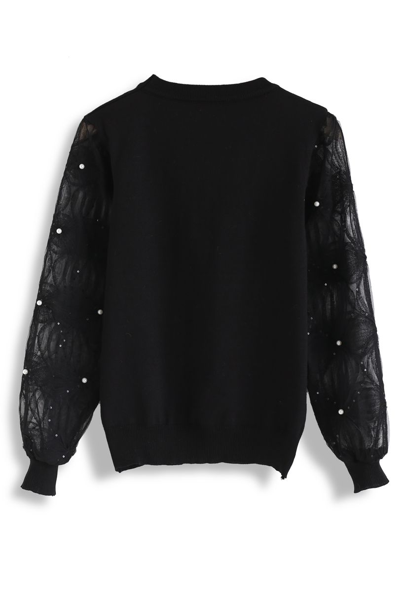 Pearls and Sequins Trim Mesh Sleeves Knit Top in Black