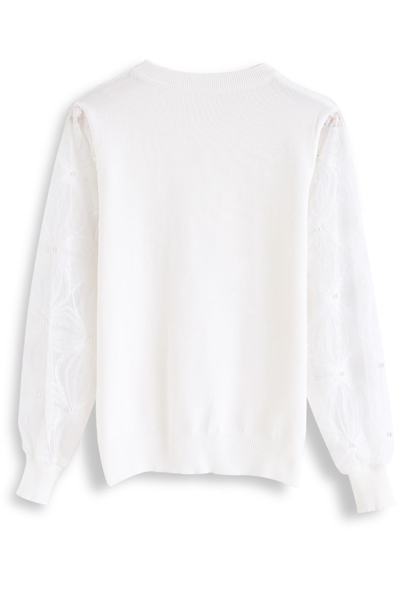 Pearls and Sequins Trim Mesh Sleeves Knit Top in White