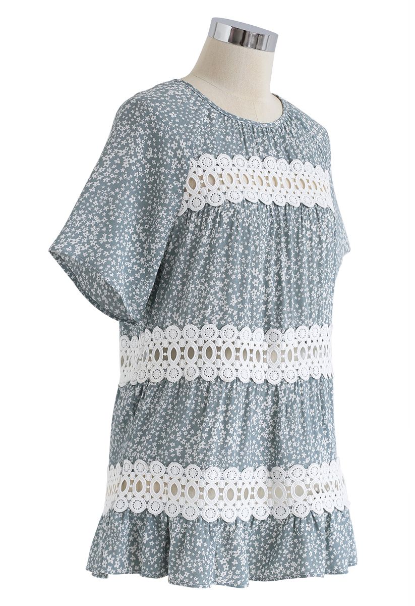 Floret Crochet Hollow Out Top in Teal