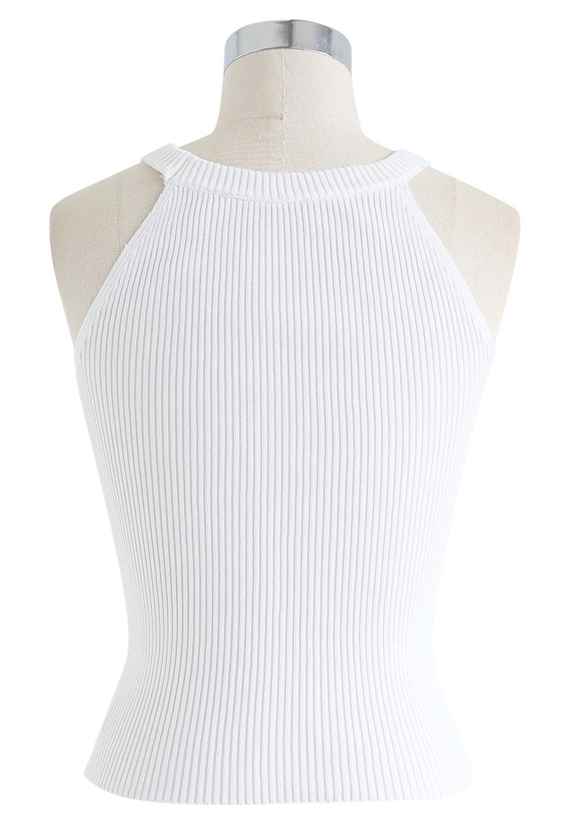 Fitted Ribbed Knit Halter Tank Top in White