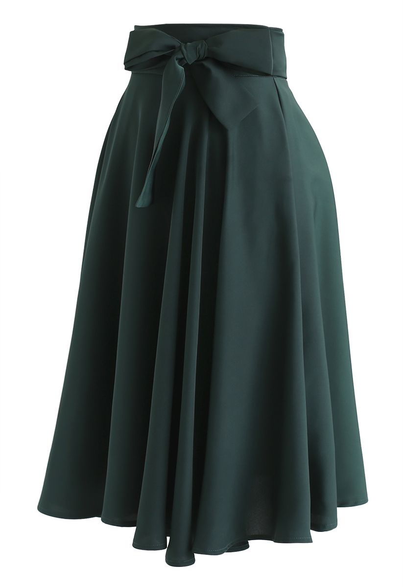 Flare Hem Bowknot Waist Midi Skirt in Emerald