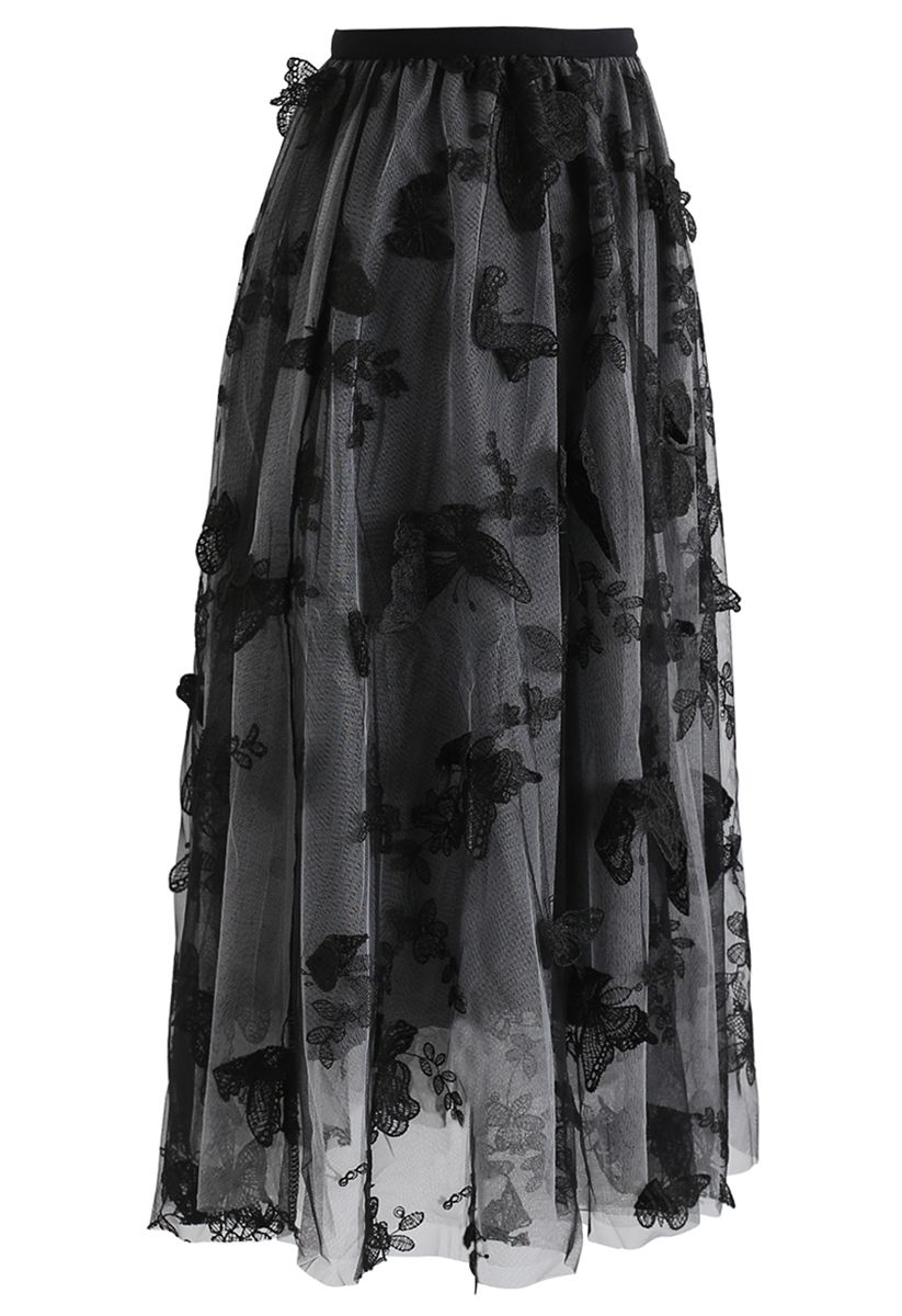 3D Butterfly Double-Layered Mesh Midi Skirt in Smoke