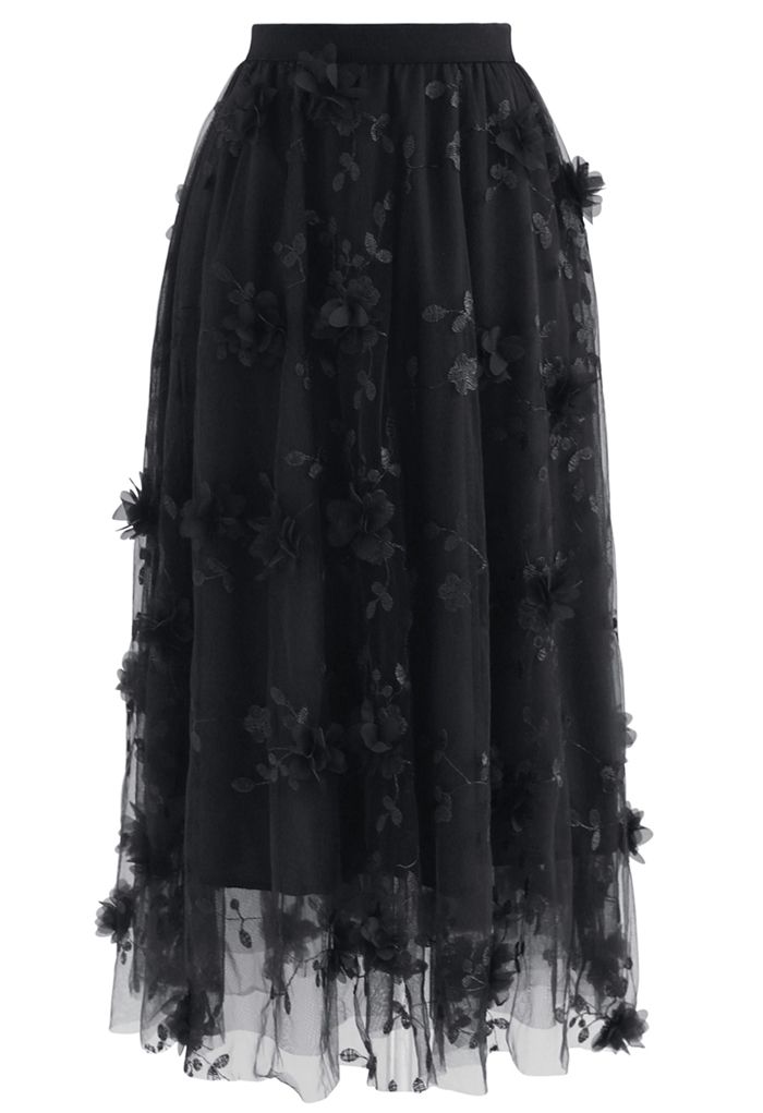 3D Mesh Flower Embroidered Tulle Midi Skirt in Black