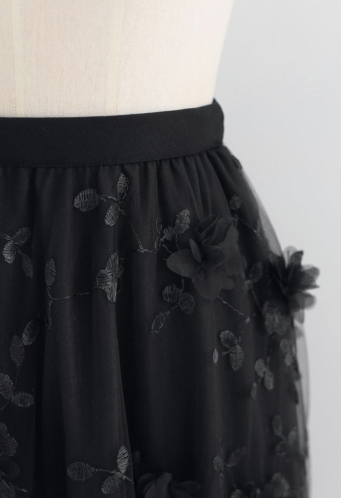 3D Mesh Flower Embroidered Tulle Midi Skirt in Black