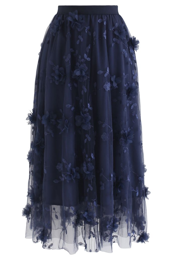 3D Mesh Flower Embroidered Tulle Midi Skirt in Navy