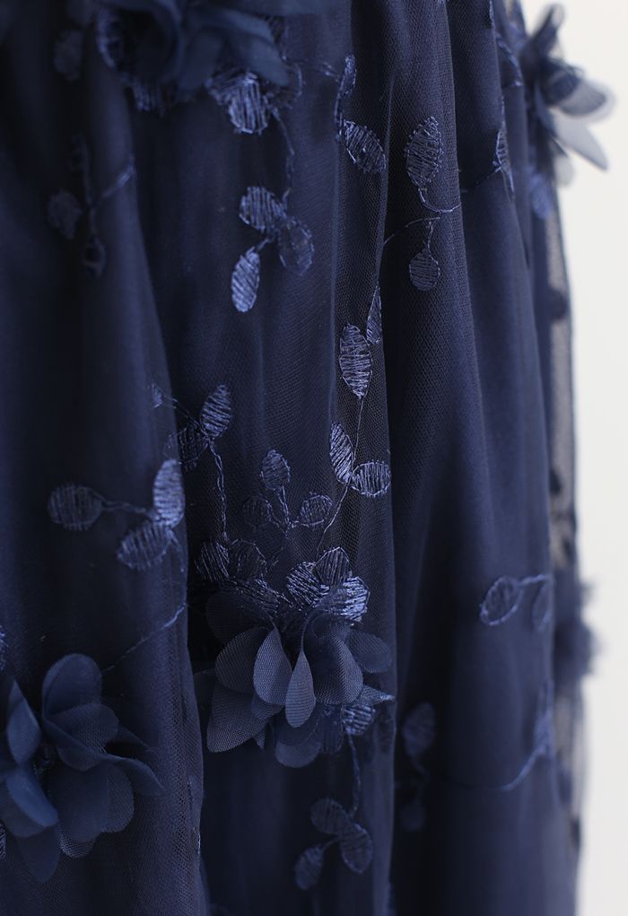 3D Mesh Flower Embroidered Tulle Midi Skirt in Navy