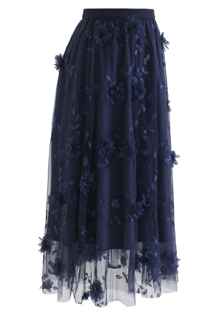 3D Mesh Flower Embroidered Tulle Midi Skirt in Navy