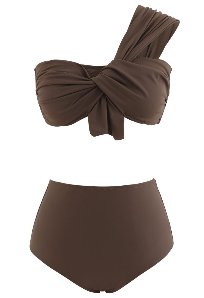 Sweet Knot One-Shoulder Bikini Set in Brown