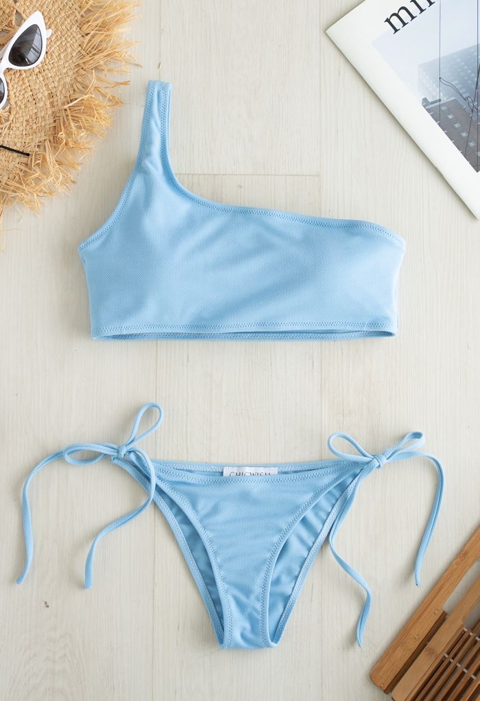 One-Shoulder Tie Side Low Rise Bikini Set in Blue