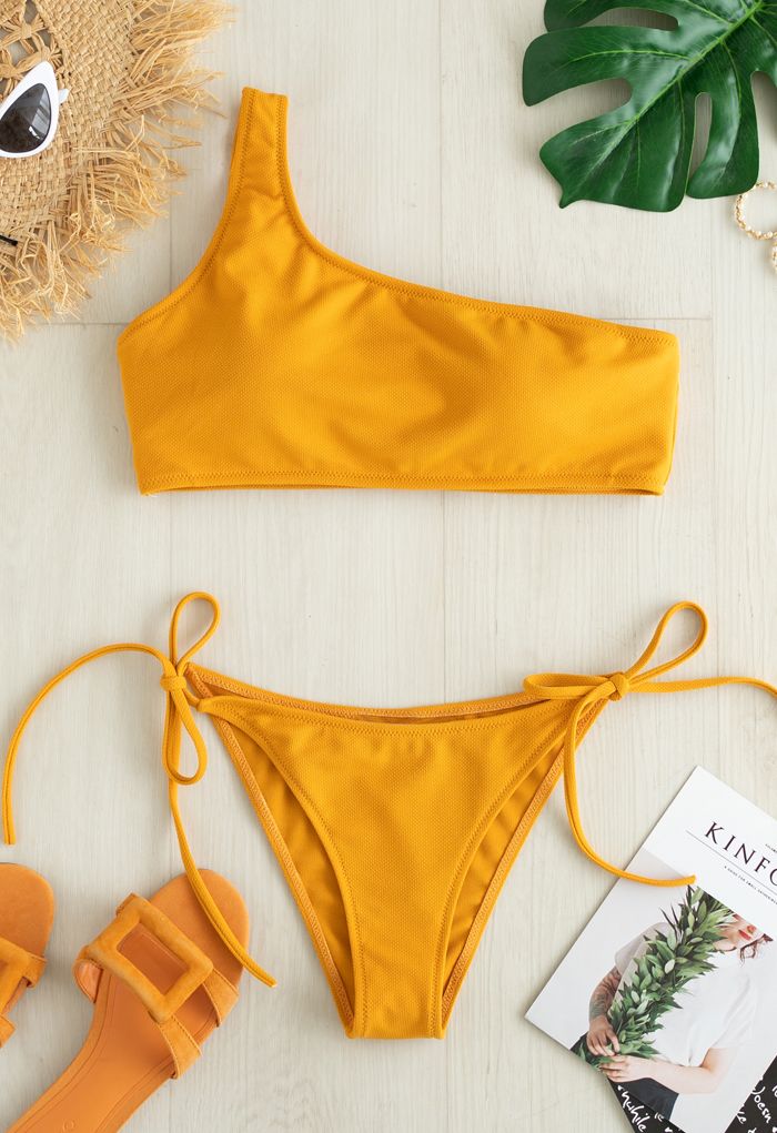 One-Shoulder Tie Side Low Rise Bikini Set in Mustard